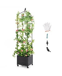 Indoor Outdoor Raised Garden Bed with Trellis and Self-Drainage and Wheels-Black