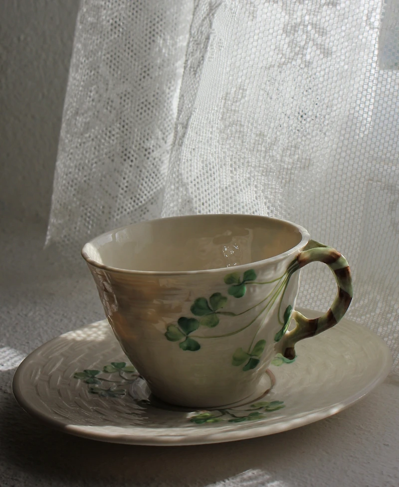 Belleek Pottery Shamrock Teacup & Saucer