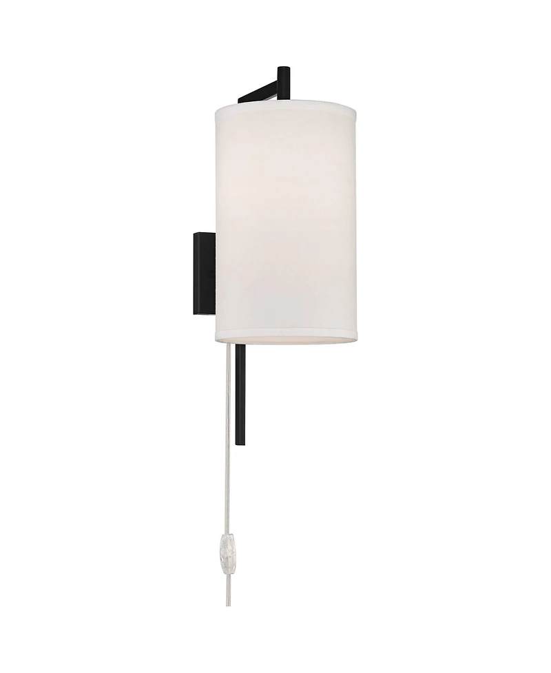 Possini Euro Design Bixby Modern Wall Lamps Set of 2 Black Metal Plug-in 8" Light Fixture White Fabric Drum Shade for Bedroom Reading Living Room