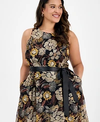 Tahari Asl Plus Embroidered-Mesh Tie-Waist Dress