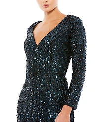 Mac Duggal Women's Ieena Sequined V-Neck Long Sleeve Gown