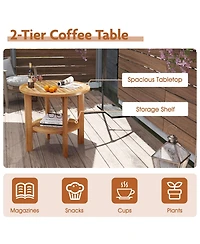 Outdoor Teak Wood Round Side Table Patio End Table with Slatted Storage Shelf