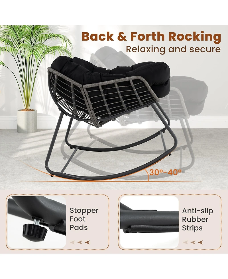 Outdoor Rocking Chair Oversized Patio Pe Wicker Egg Chair with Cushion