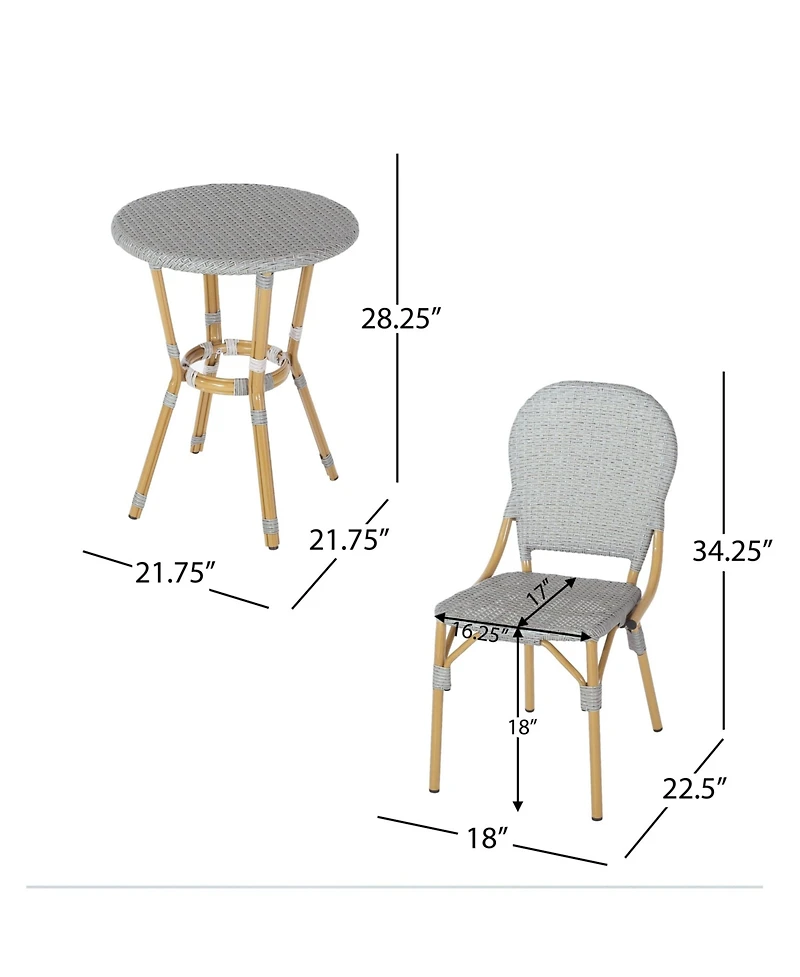 Outdoor Aluminum Armless French Bistro Set, 3-Piece, Gray and Bamboo Finish