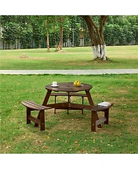 63 in. Brown Round Wood Picnic Table Seats 6 with Umbrella Hole