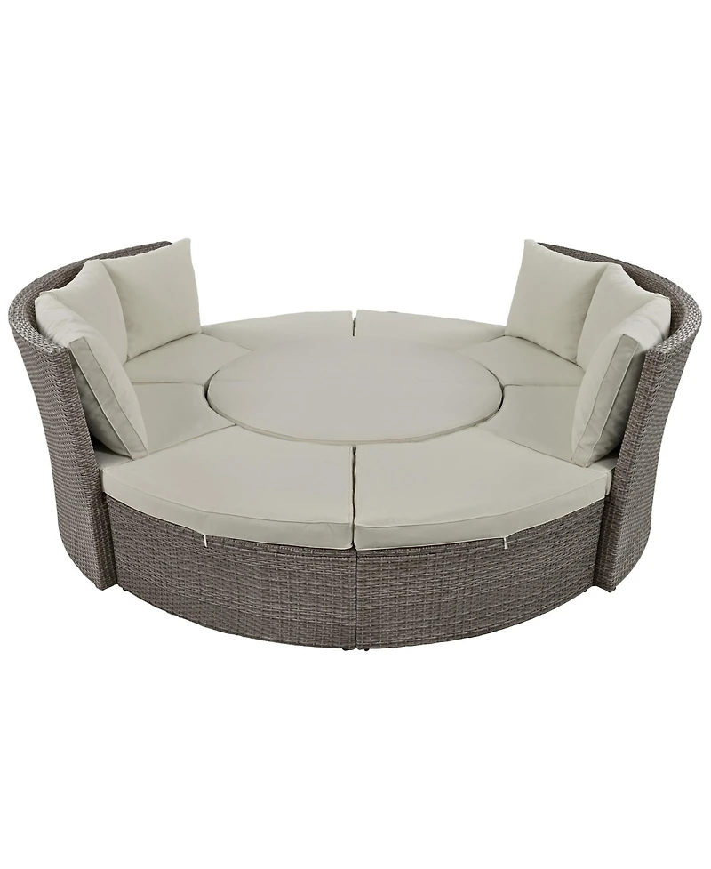 5-Piece Round Rattan Sectional Sofa Set All-Weather Pe Wicker Sunbed Daybed with Round Liftable Table and Washable Cushions
