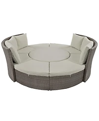5-Piece Round Rattan Sectional Sofa Set All-Weather Pe Wicker Sunbed Daybed with Round Liftable Table and Washable Cushions
