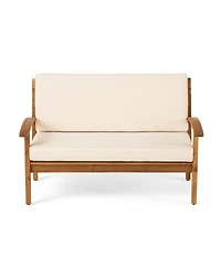 2 Pieces Acacia Wood Outdoor Loveseat with Coffee Table and Beige Cushions for Patio Backyard