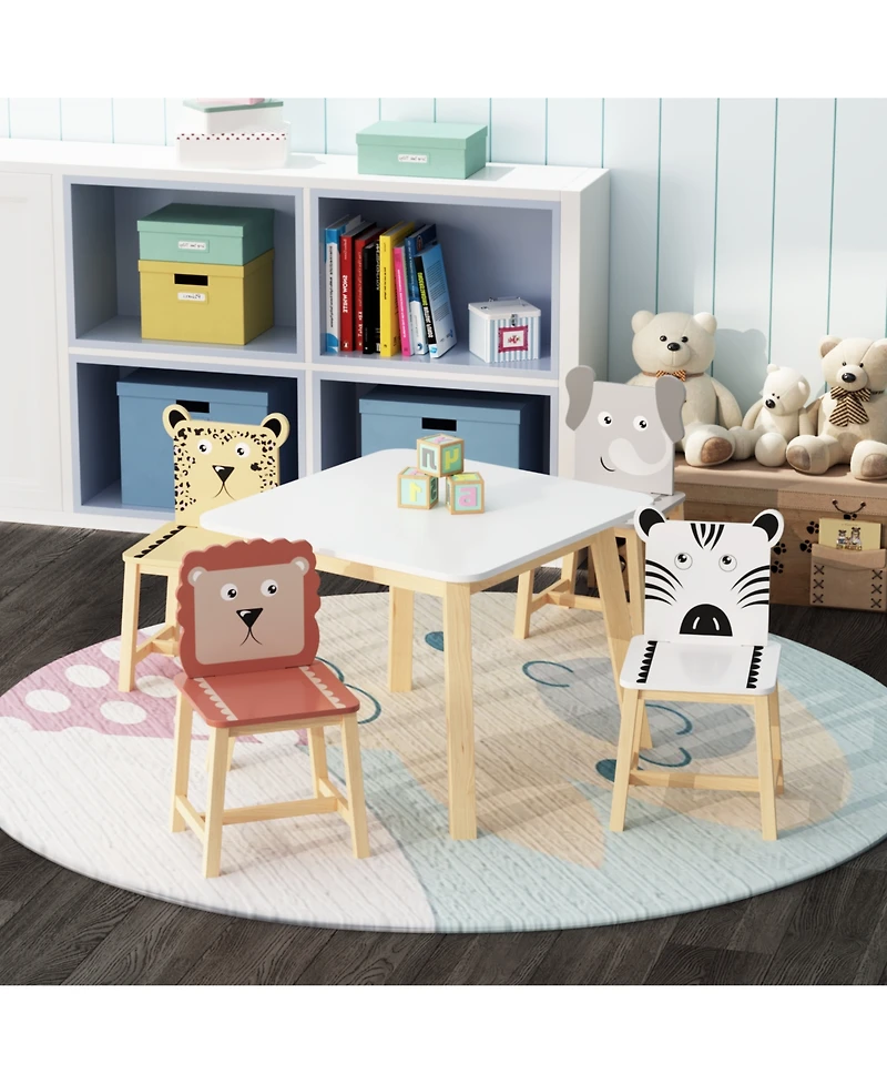 5 Piece Kiddy Table and Chair Set , Kids Wood Table with 4 Chairs Set Cartoon Animals