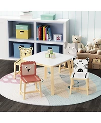 5 Piece Kiddy Table and Chair Set , Kids Wood Table with 4 Chairs Set Cartoon Animals