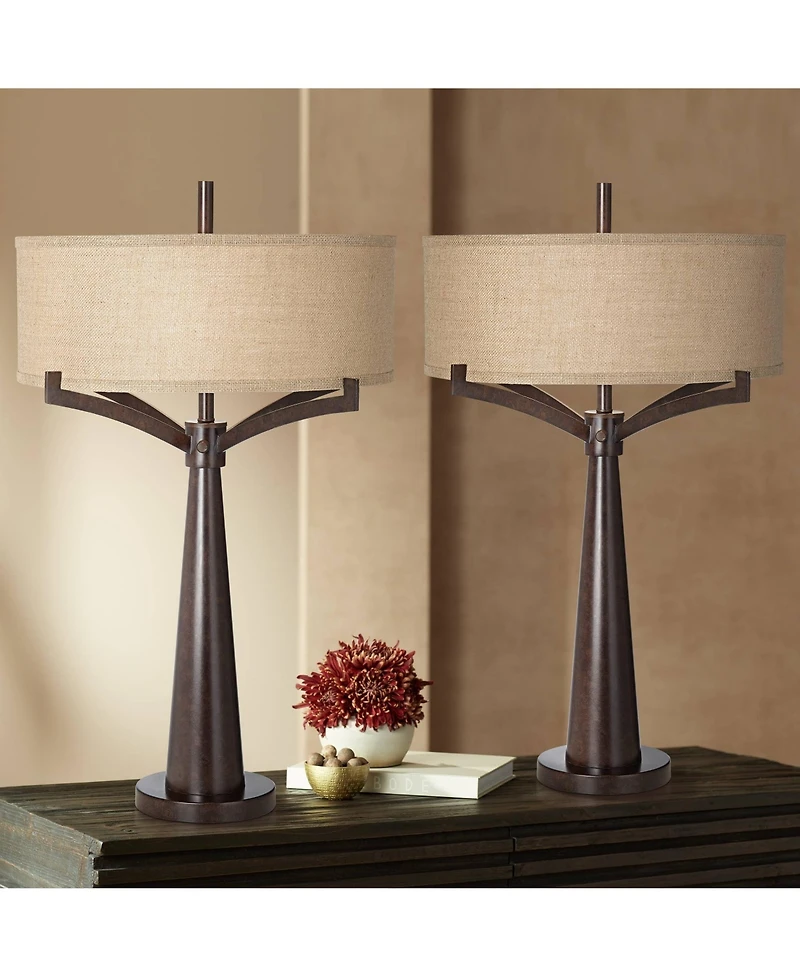 Tremont Mid Century Modern Industrial Table Lamps 31.5" Tall Set of 2 Rich Bronze Iron Burlap Fabric Drum Shade for Living Room Bedroom House Bed