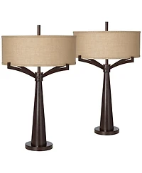Tremont Mid Century Modern Industrial Table Lamps 31.5" Tall Set of 2 Rich Bronze Iron Burlap Fabric Drum Shade for Living Room Bedroom House Bed