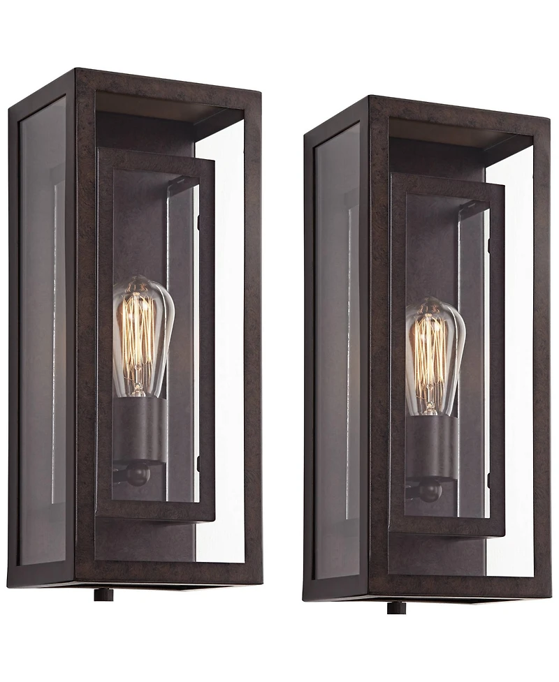 Possini Euro Design Rustic Industrial Farmhouse Outdoor Wall Light Fixtures Set of 2 Bronze 15 1/2" Clear Glass for Exterior Barn Deck House Porc