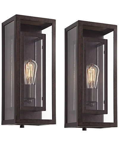 Possini Euro Design Rustic Industrial Farmhouse Outdoor Wall Light Fixtures Set of 2 Bronze 15 1/2" Clear Glass for Exterior Barn Deck House Porc
