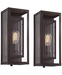 Possini Euro Design Rustic Industrial Farmhouse Outdoor Wall Light Fixtures Set of 2 Bronze 15 1/2" Clear Glass for Exterior Barn Deck House Porc