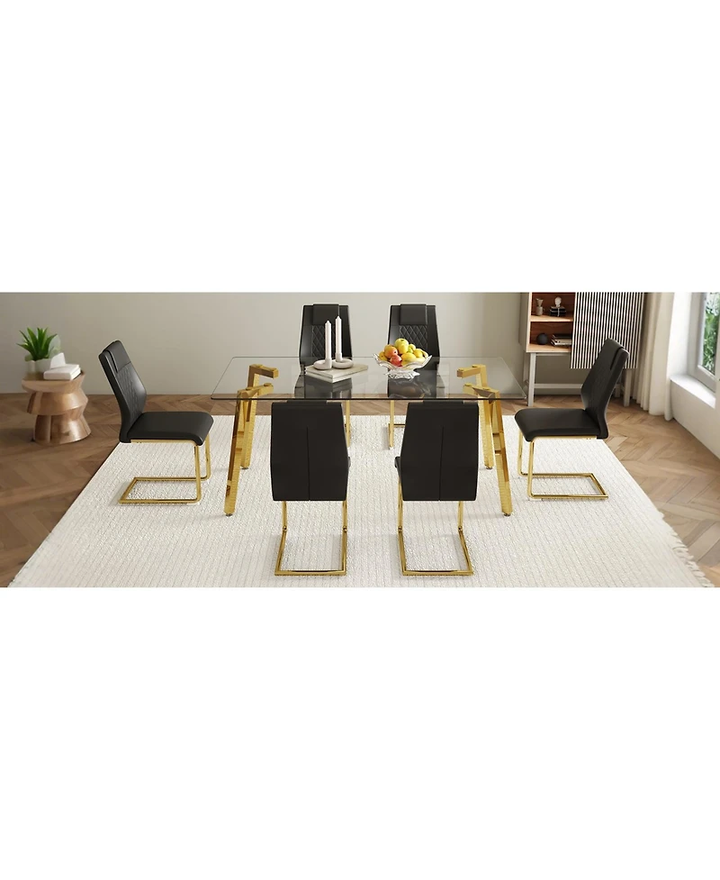 Streamdale Golden Leg Glass Table & 6 Black Pu Chairs