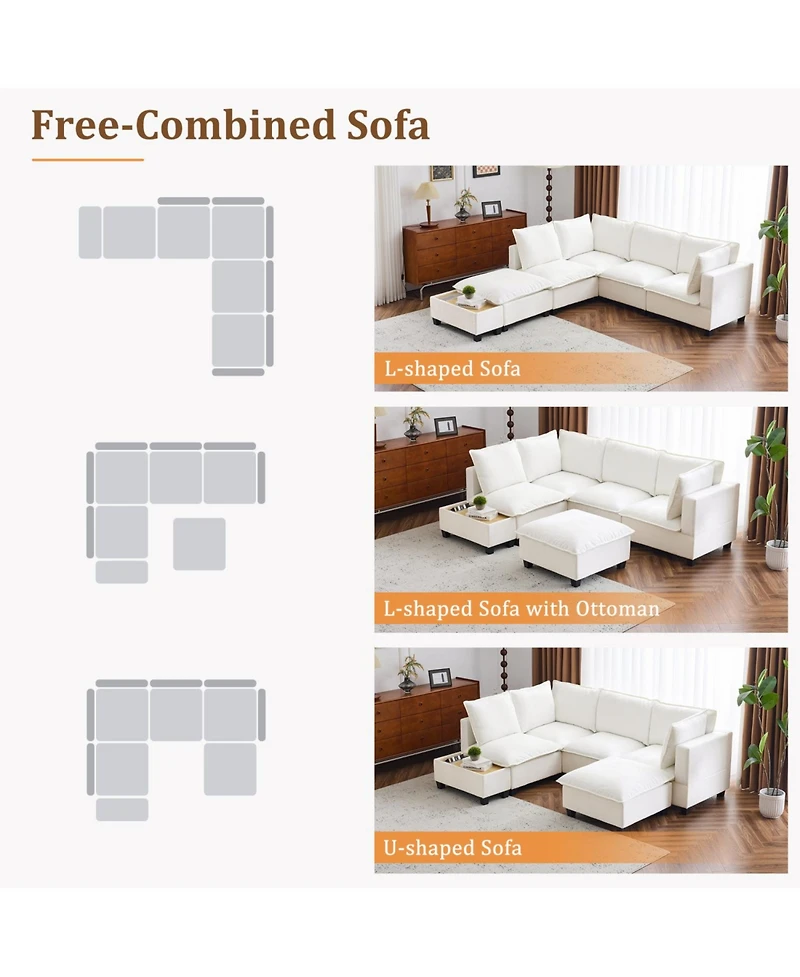 90" U-Shaped Sectional Sofa with Ottoman & Charging Coffee Table