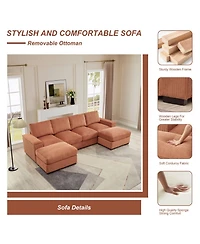 Streamdale Corduroy Sectional Sofa with Ottomans - Orange