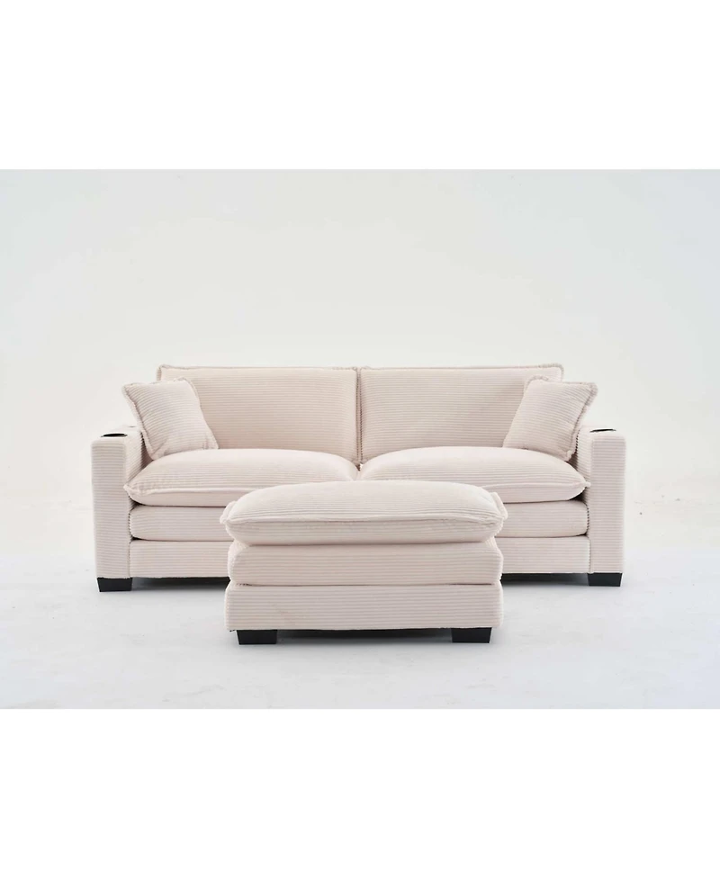 Streamdale L Shape Corduroy Sofa w/ Usb, Cup Holder & Ottoman - Beige
