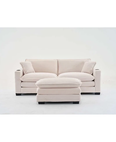 Streamdale L Shape Corduroy Sofa w/ Usb, Cup Holder & Ottoman - Beige