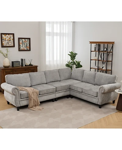 Streamdale 109.5" Light Gray Chenille Sectional Sofa, Rivets & Rolled Arms