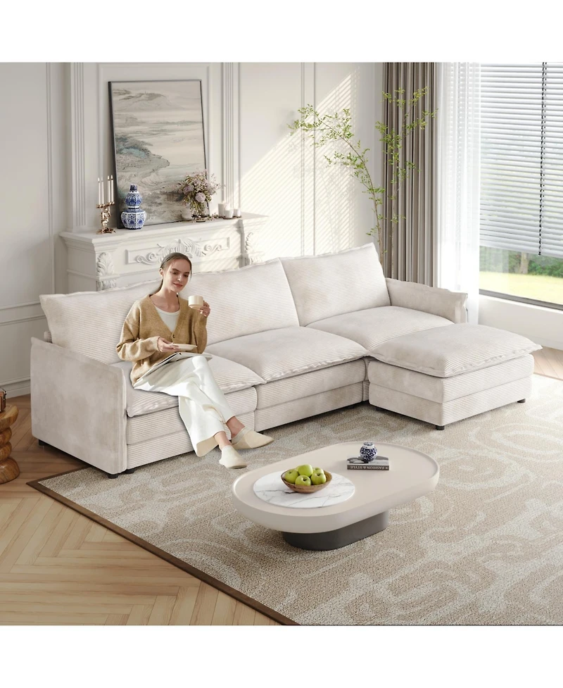 Streamdale Corduroy 3-Seater Cloud Couch with Footrest & Cushions