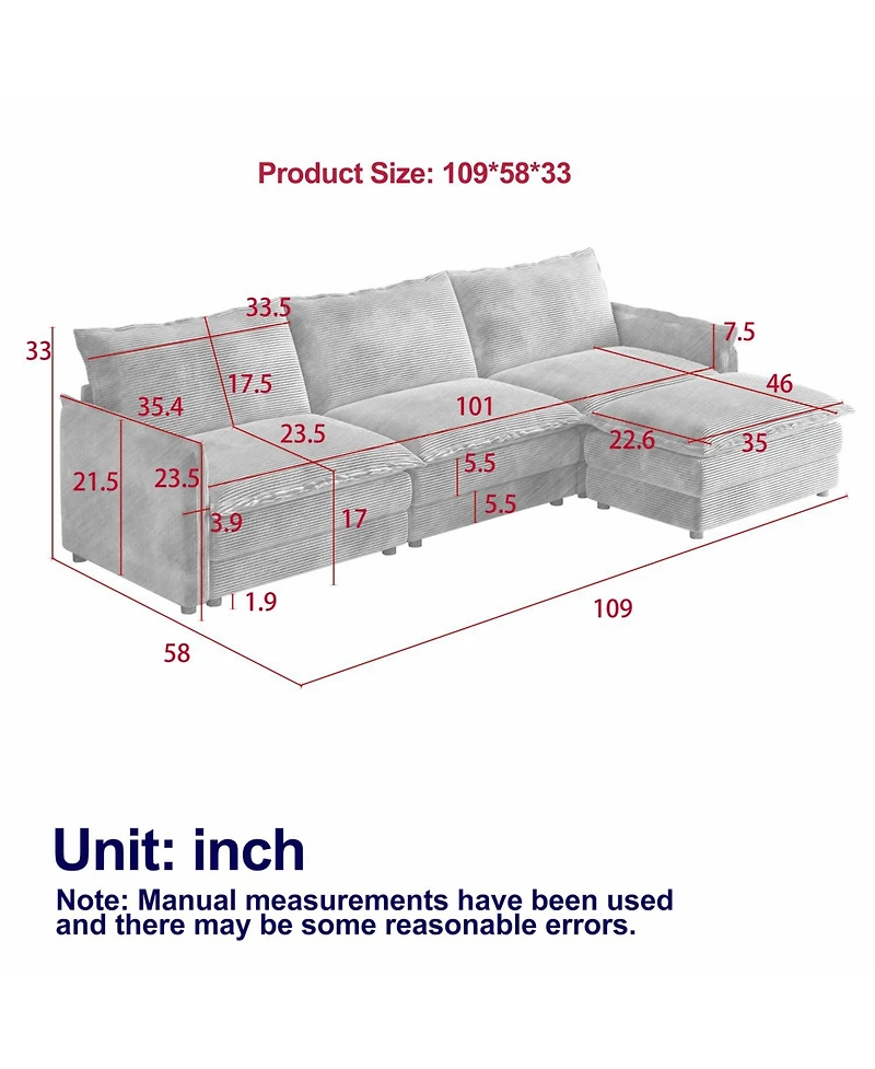 Streamdale Corduroy 3-Seater Cloud Couch with Footrest & Cushions