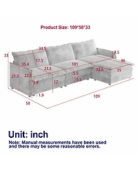 Streamdale Corduroy 3-Seater Cloud Couch with Footrest & Cushions