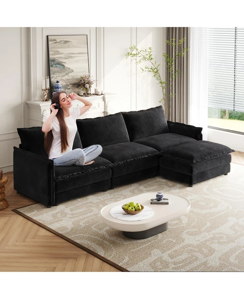 Streamdale Corduroy 3-Seater Cloud Couch with Footrest & Cushions