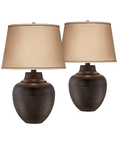 Brighton Rustic Traditional Farmhouse Table Lamps 27.25" Tall Set of 2 Hammered Bronze Metal Pot Beige Fabric Drum Shade for Living Room Bedroom