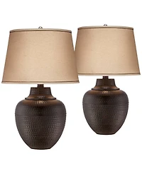Brighton Rustic Traditional Farmhouse Table Lamps 27.25" Tall Set of 2 Hammered Bronze Metal Pot Beige Fabric Drum Shade for Living Room Bedroom
