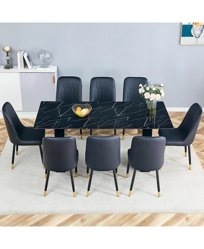 71" Glass Dining Set with 8 Black Pu Chairs