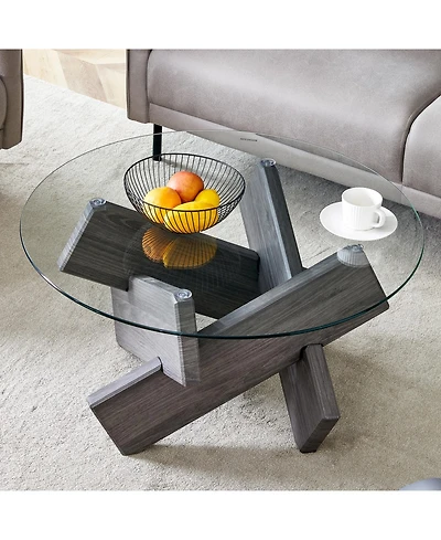 Streamdale 33.4" Round Glass Coffee Table - Grey Patterned Legs