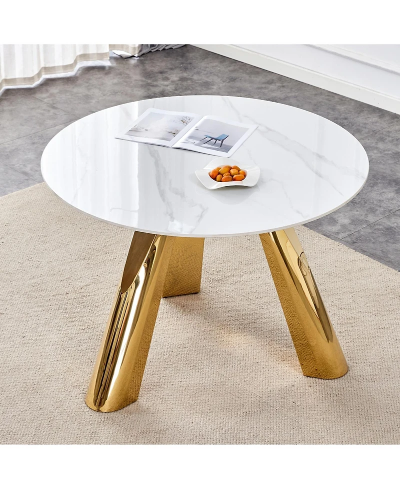Streamdale 42" White Marble Round Table Gold Legs