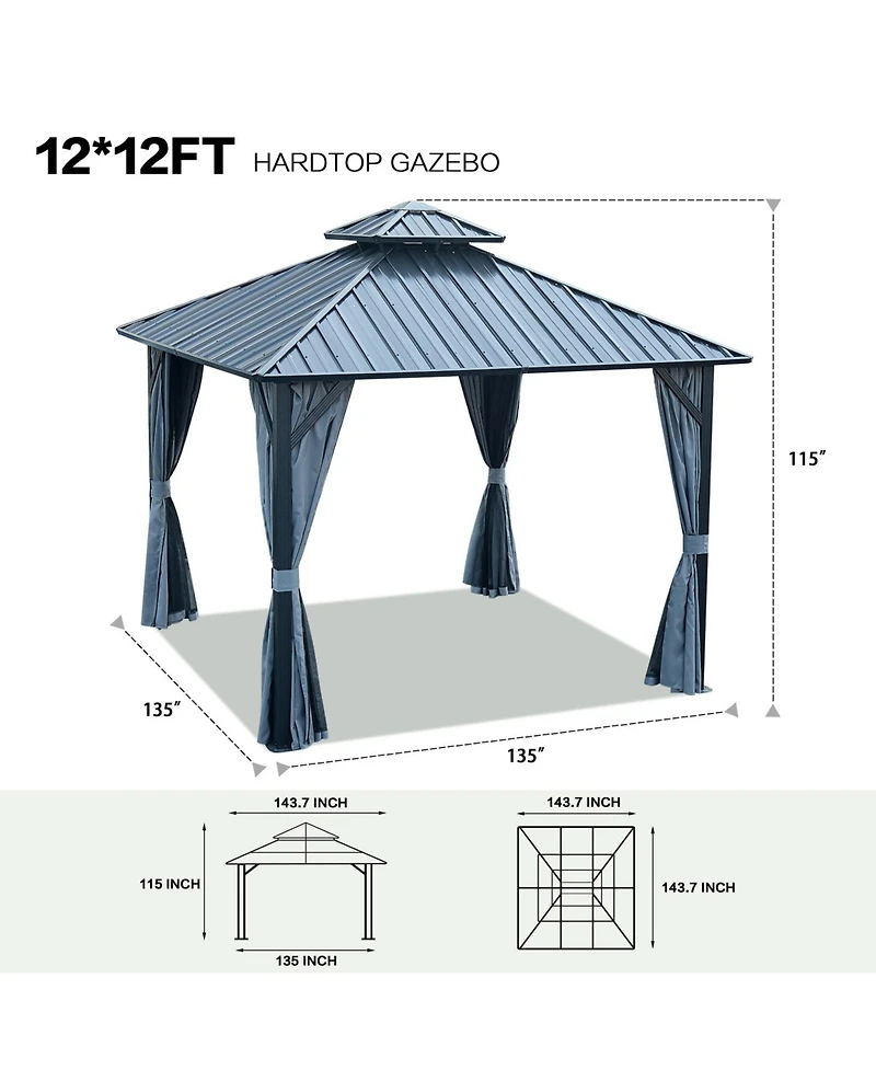 Streamdale 12'x12' Hardtop Gazebo Steel Roof, Aluminum Frame, Curtains & Netting