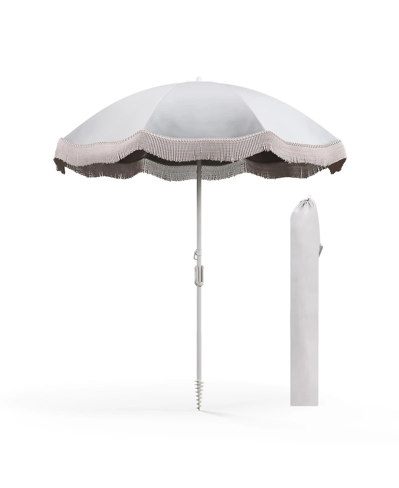 6.5 Ft Beach Umbrella with Fringe Outdoor Tassel Umbrella with Push Button Tilt
