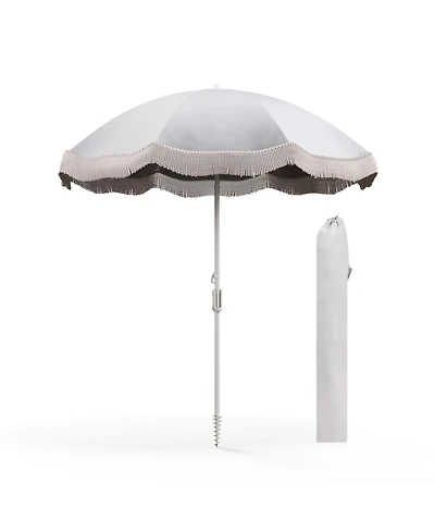 6.5 Ft Beach Umbrella with Fringe Outdoor Tassel Umbrella with Push Button Tilt