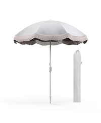 6.5 Ft Beach Umbrella with Fringe Outdoor Tassel Umbrella with Push Button Tilt