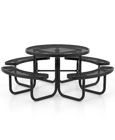 45 Inches Outdoor Round Picnic Table and Bench Set for 8 with Umbrella Hole-Black