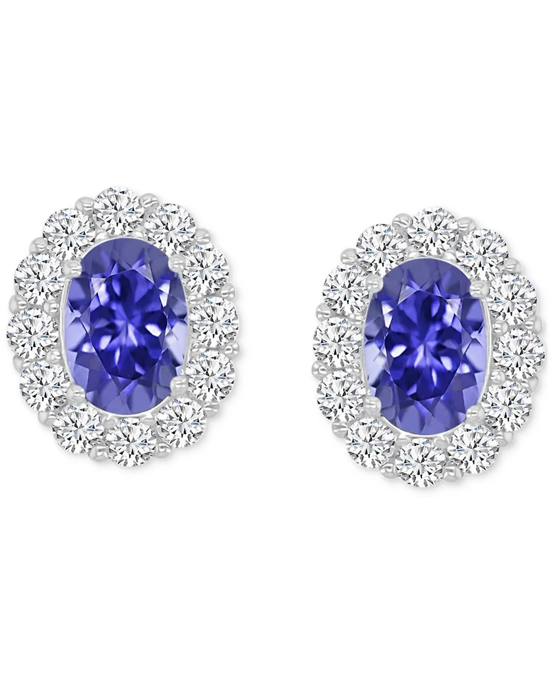 Cubic Zirconia Green Stone Oval Halo Stud Earrings in Sterling Silver