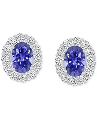 Cubic Zirconia Green Stone Oval Halo Stud Earrings in Sterling Silver