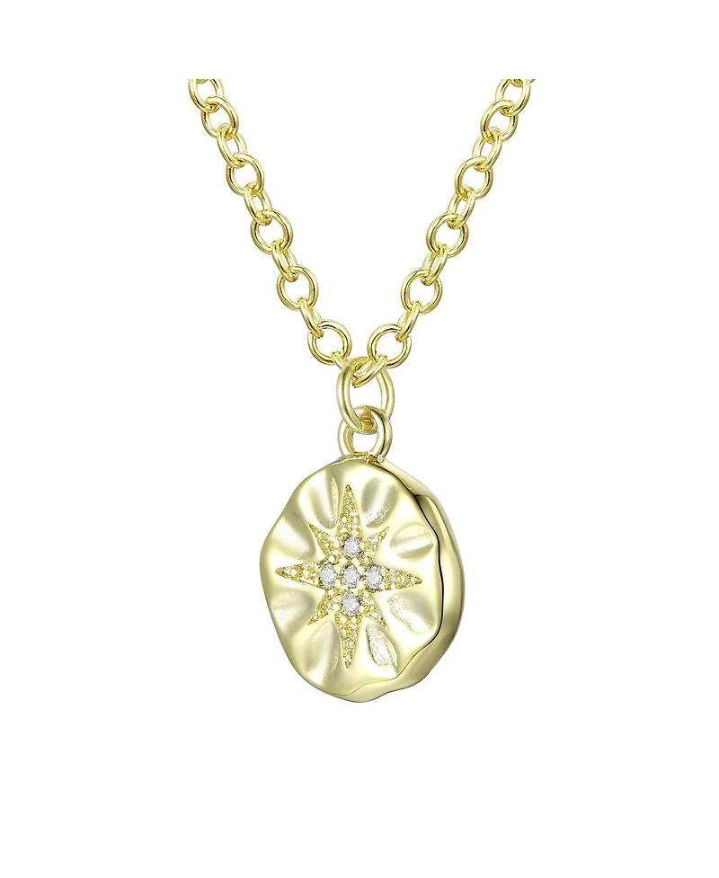 14K Gold Plated With Cubic Zirconia Engraved Round Pendant Necklace