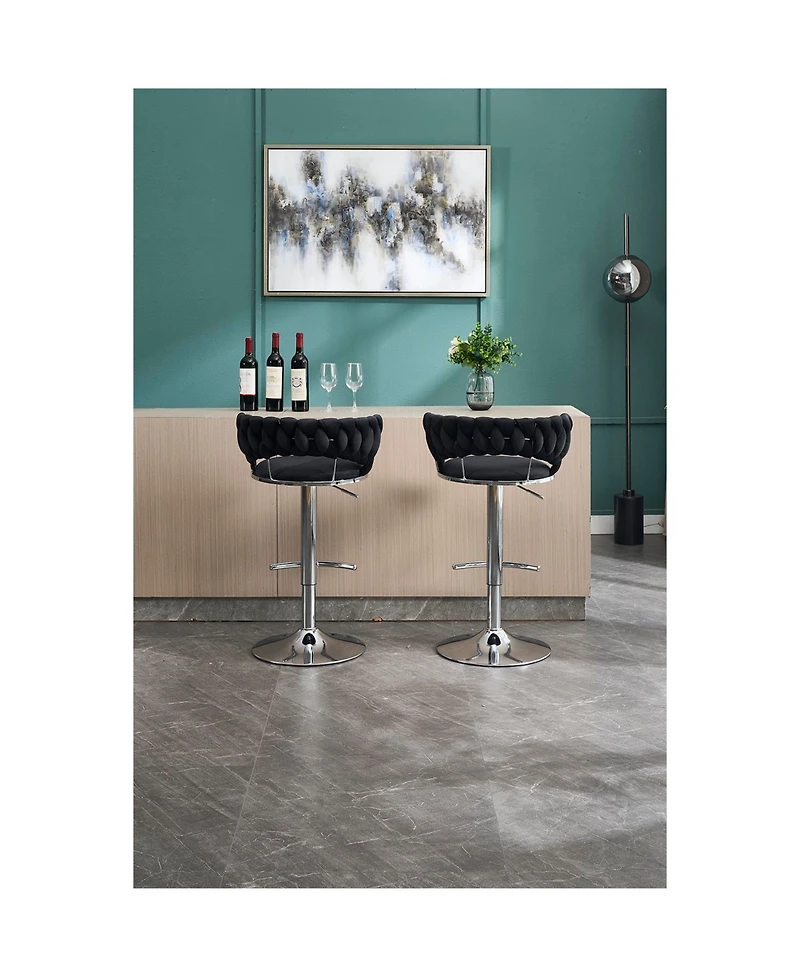 Black Velvet Bar Stools (Set of 2) - Chrome Base, Adjustable