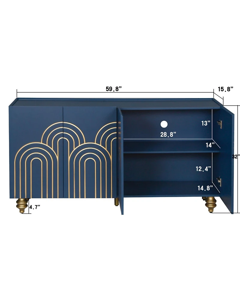 Streamdale Navy Blue Fluted Sideboard Buffet with 4 Doors
