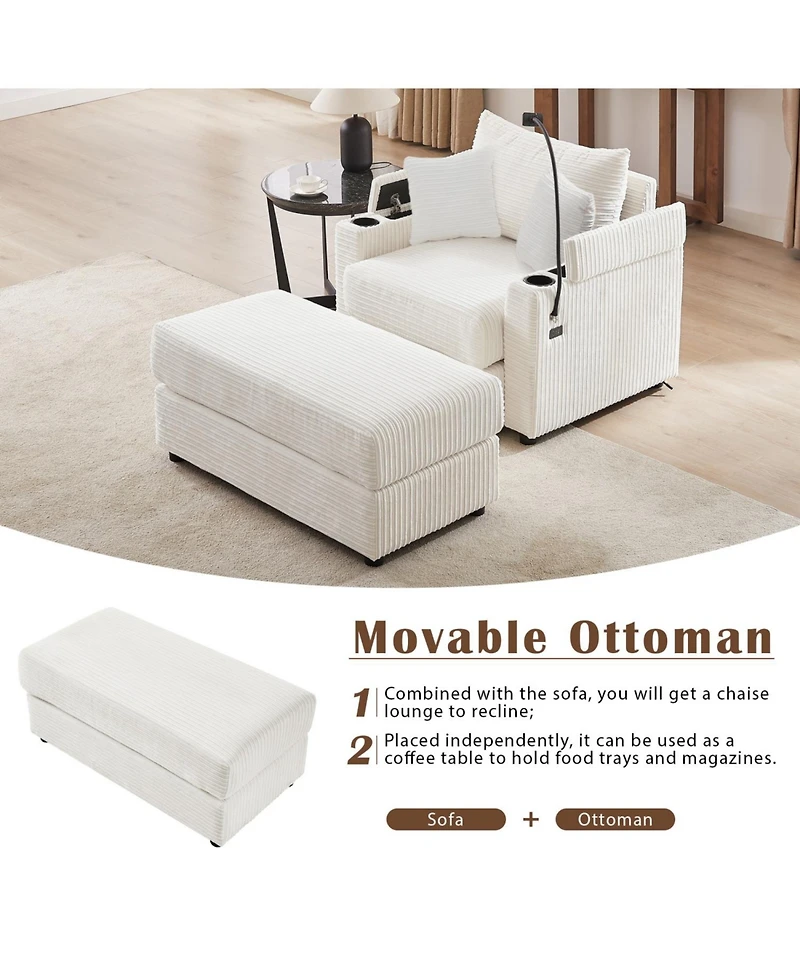 41.7" Modern Sofa Couch w/ Ottoman, Usb, Cup Holders