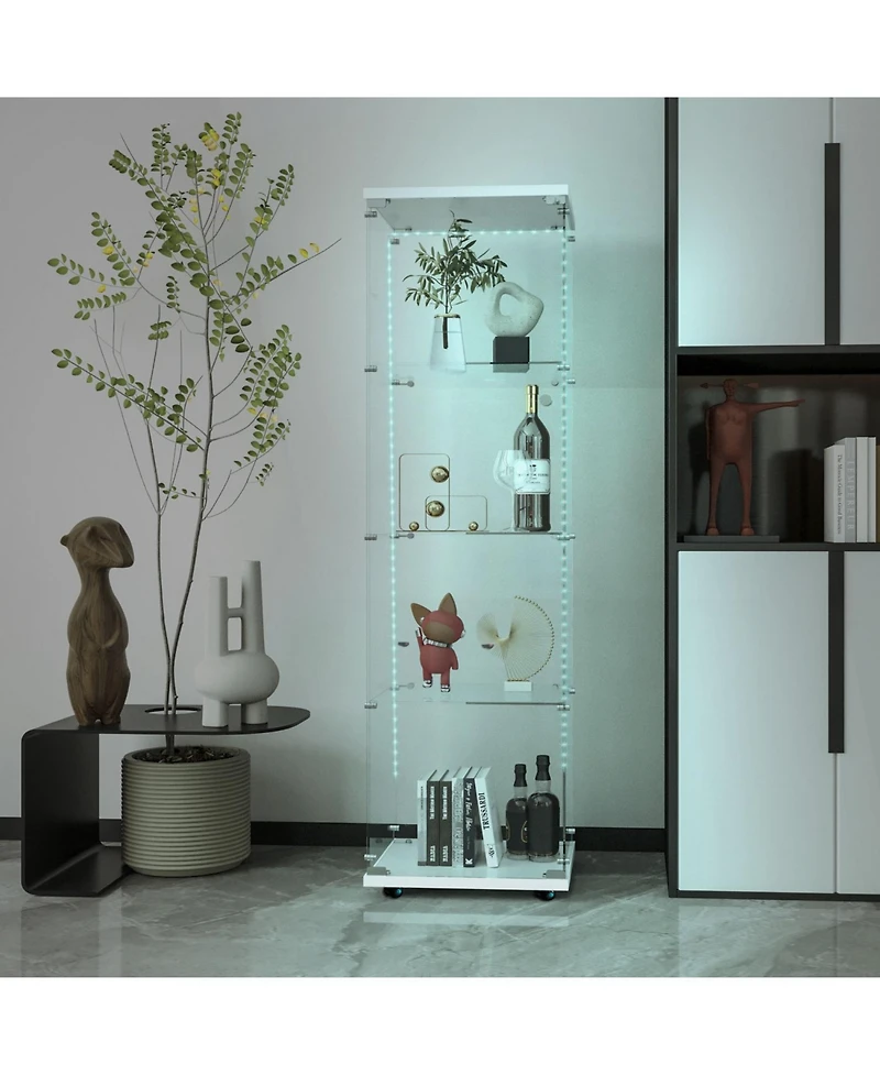 Streamdale White Tempered Glass Cabinet w/ Led, Lock & Wheels