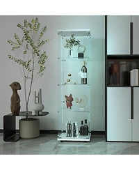Streamdale White Tempered Glass Cabinet w/ Led, Lock & Wheels