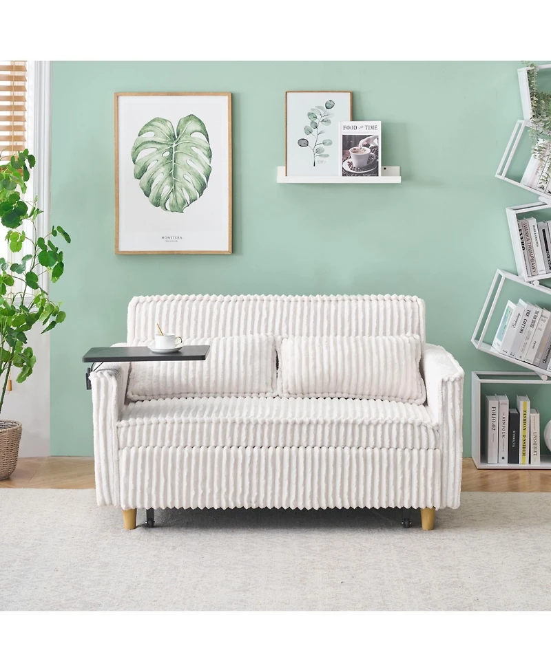 Streamdale Beige Corduroy Pull-Out Sofa with Tabletop and Usb Ports