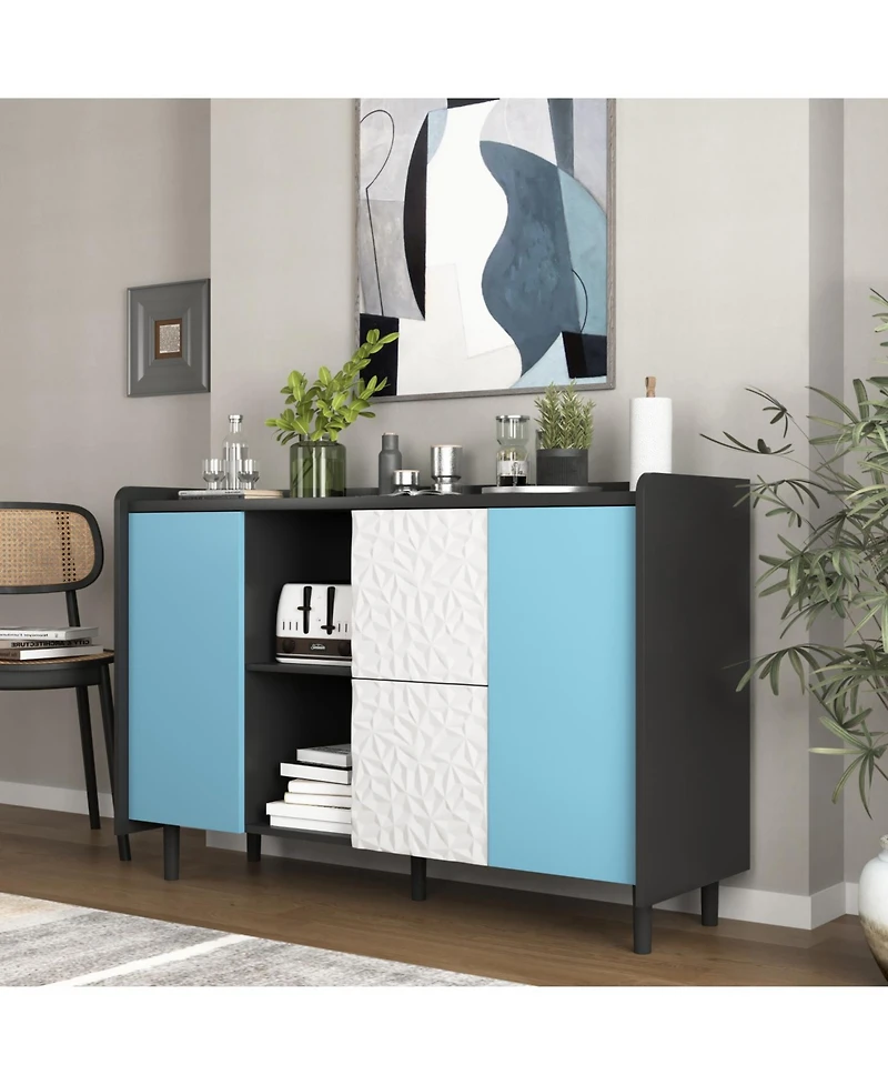 Streamdale Furniture Black Buffet Cabinet with Blue Doors, Unique Paneling