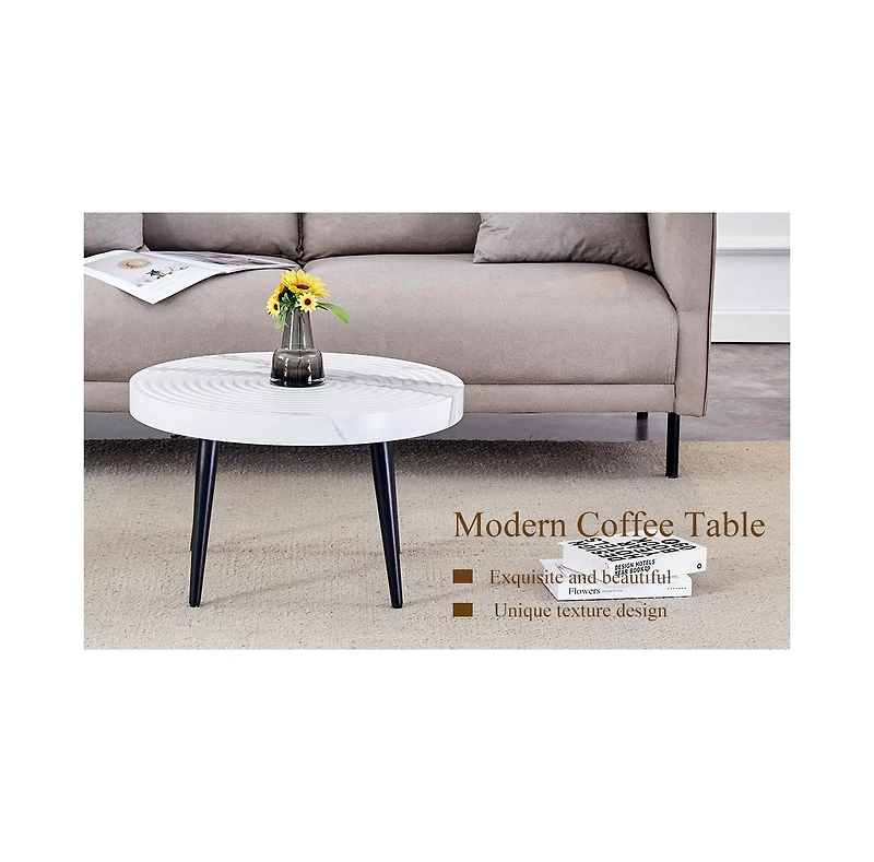 Streamdale Elegant Marble Round Coffee Table with Black Metal Legs
